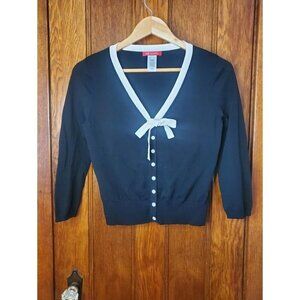 Anne Klein Womens Black & White V-Neck Button Cardigan With Bow Accent